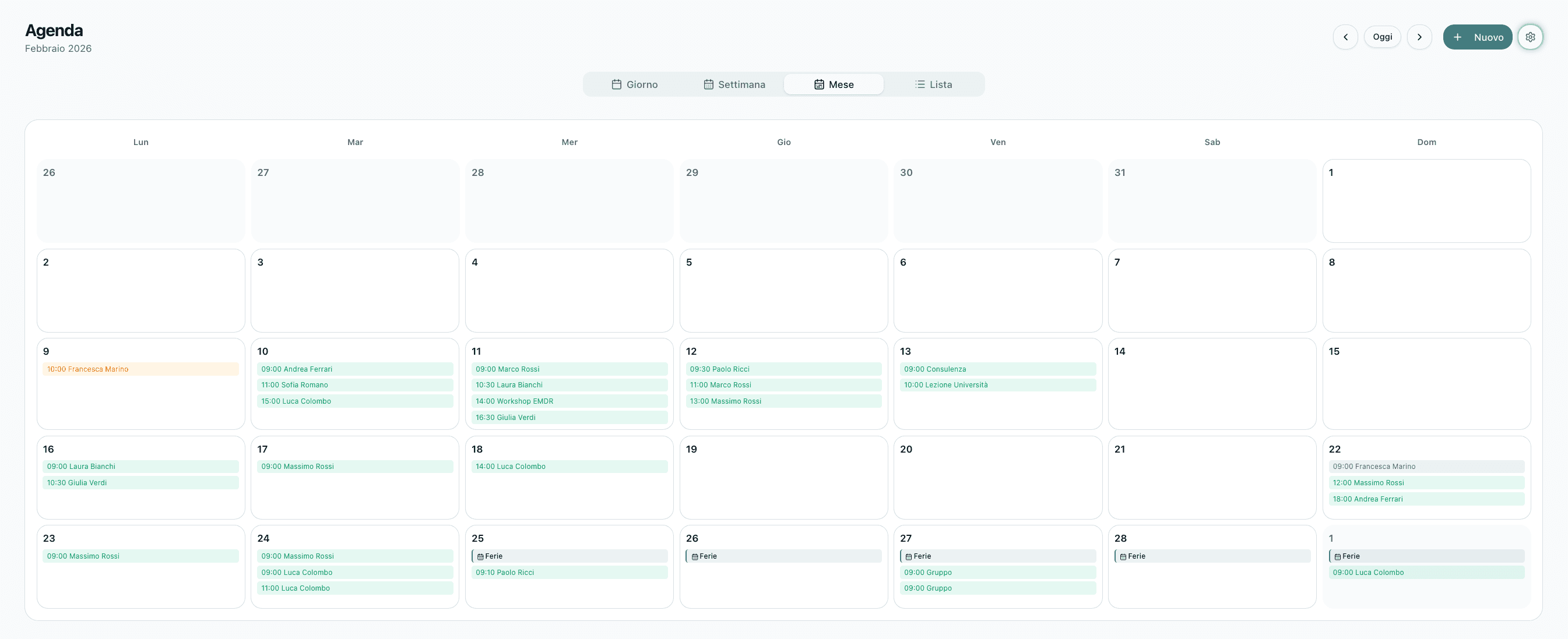 Agenda — Vista mensile del calendario con appuntamenti