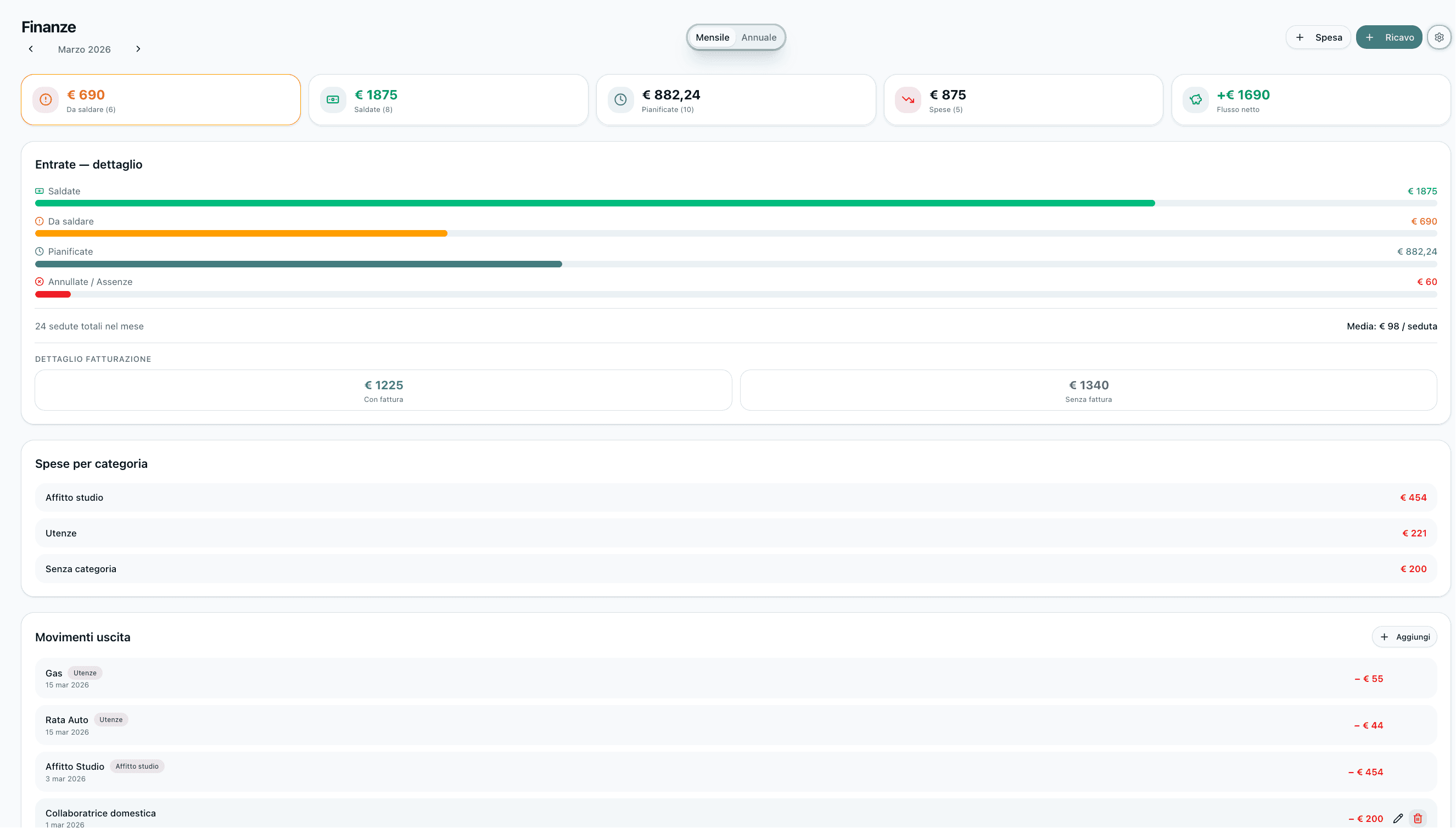 Finanze — Riepilogo entrate, spese e flusso netto